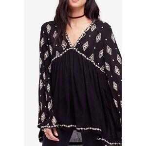 Free People Diamond Embroidered Top Tunic Black Dress Small Boho V Neck Sheer